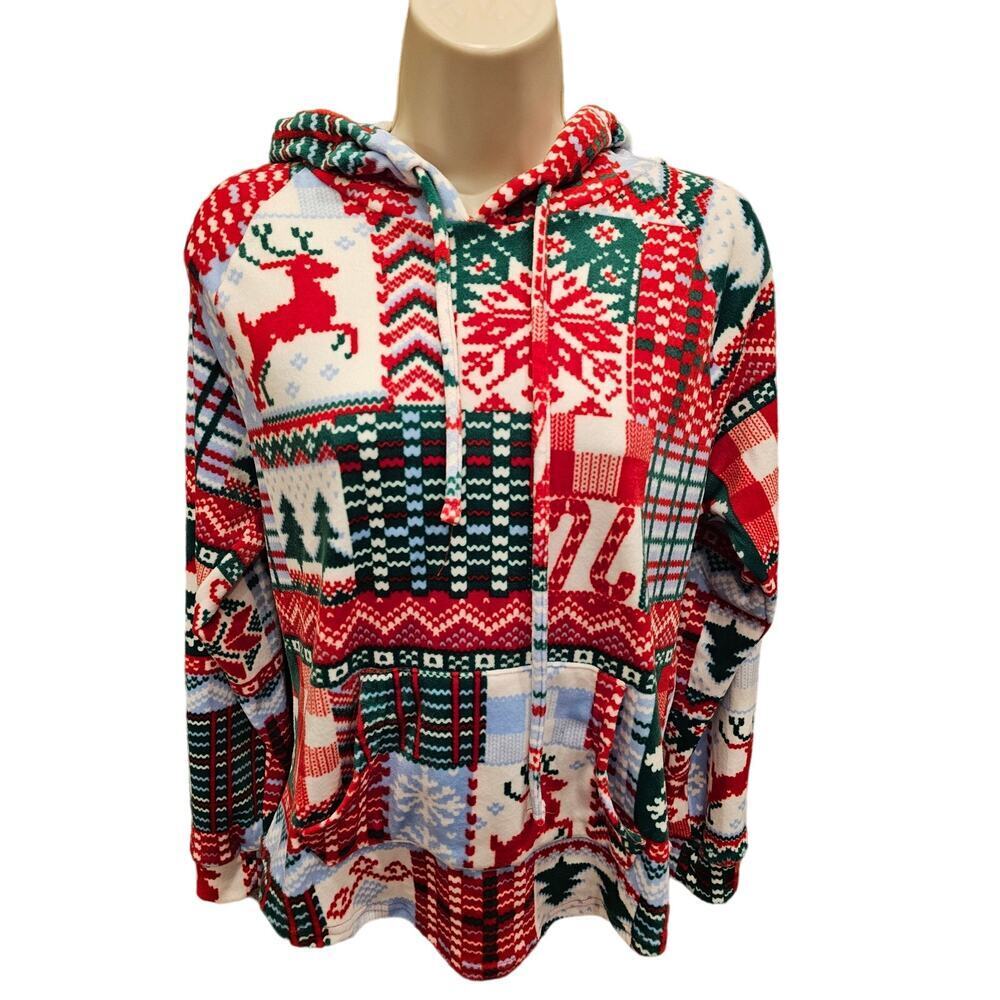 Christmas holiday velour SOFT hoodie size medium M juniors popover sweater EUC ^